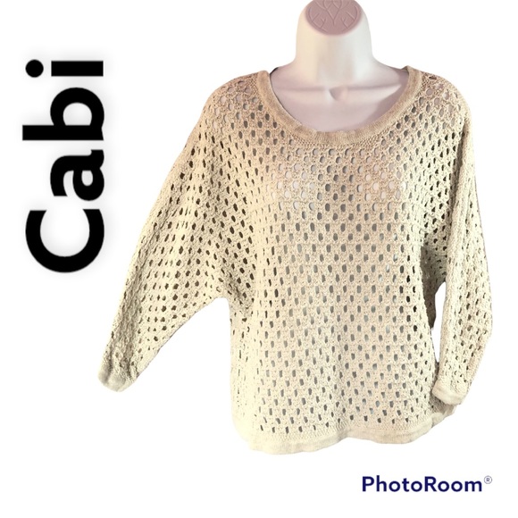 CAbi Tops - Cabi women light gray knit crochet top, long sleeve, see thru, round neck Sz S